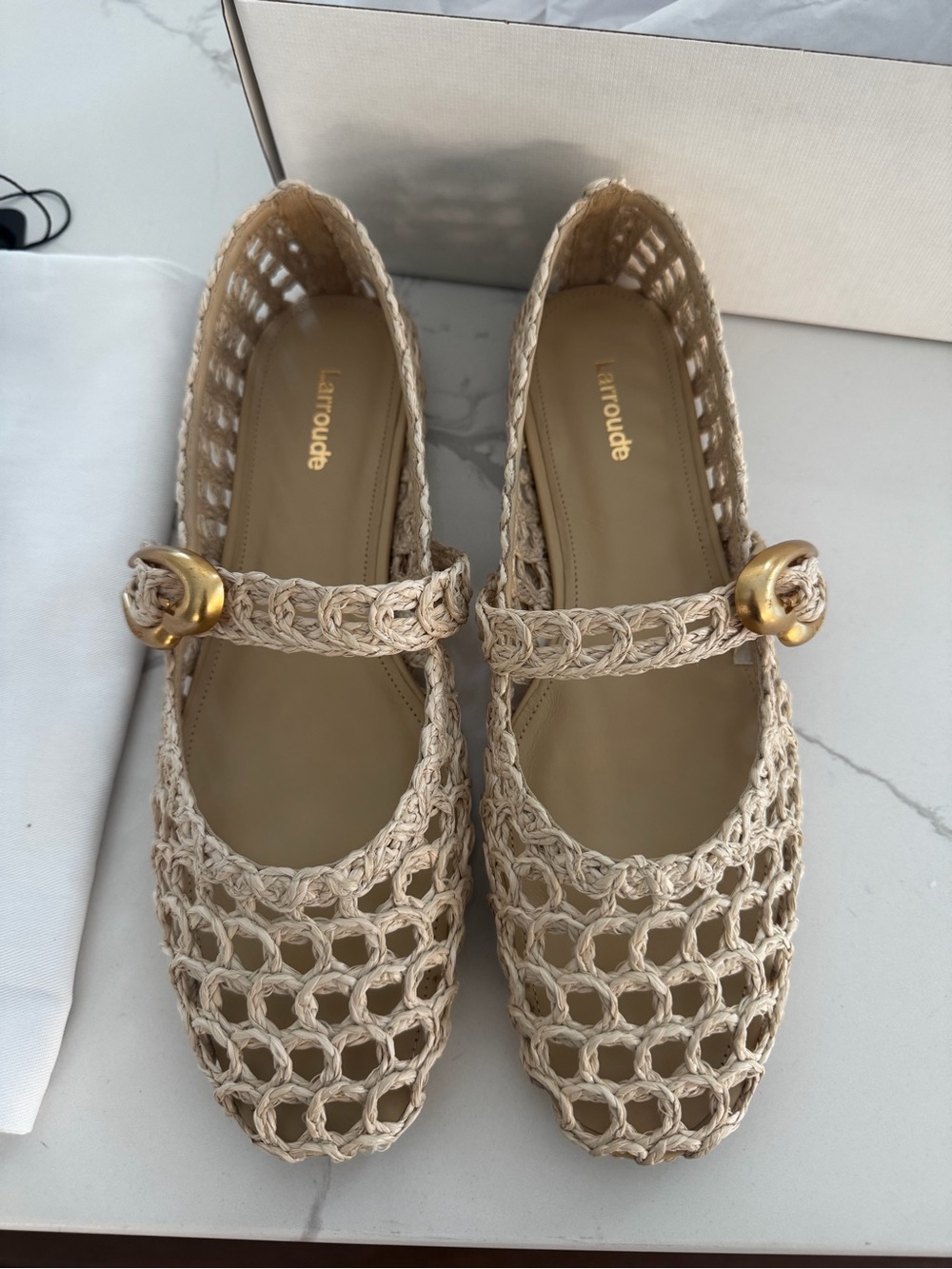 Larroude Beige Woven Mary Jane Flats with Gold Buckle